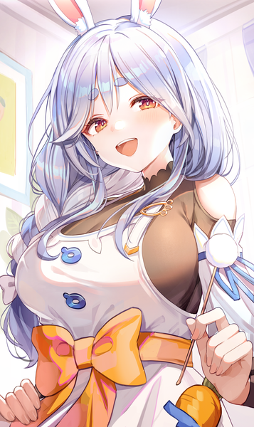 Anime picture 3000x5040 with virtual youtuber hololive pekomama misyune single long hair tall image fringe highres breasts open mouth light erotic hair between eyes large breasts animal ears blue hair upper body indoors braid (braids) :d