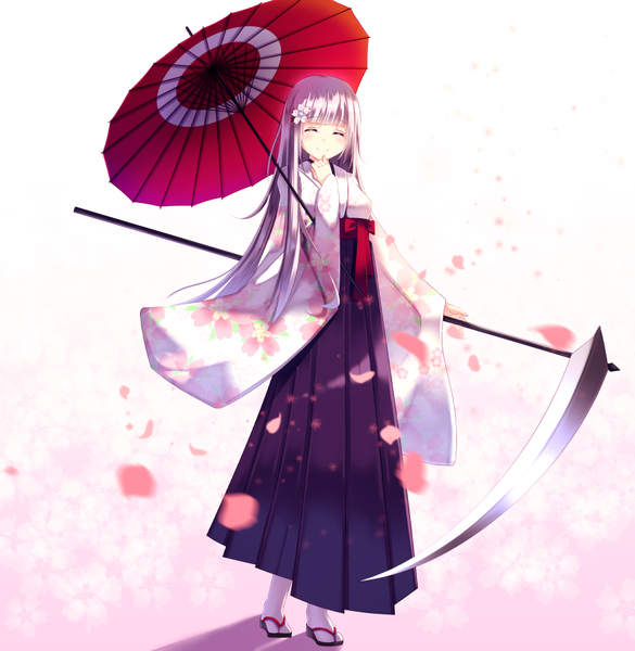 Anime picture 870x892 with original kyouou ena single long hair tall image blush fringe simple background smile standing holding pink hair full body blunt bangs eyes closed traditional clothes japanese clothes wide sleeves shadow gradient background