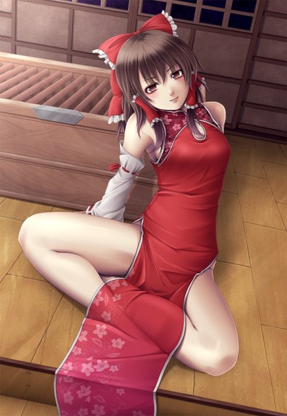 Anime picture 900x1300 with touhou hakurei reimu mochi.f single tall image red eyes brown hair sitting chinese clothes girl bow hair bow detached sleeves chinese dress