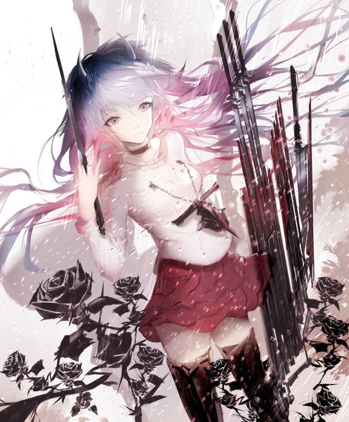 Anime picture 1524x1837 with sa'yuki single long hair tall image fringe holding pink hair purple hair ahoge multicolored hair horn (horns) light smile wind zettai ryouiki gradient hair girl thighhighs skirt flower (flowers) weapon