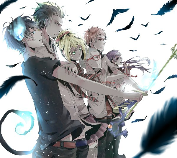 Anime picture 1300x1162 with ao no exorcist a-1 pictures okumura rin moriyama shiemi shima renzou kamiki izumo suguro ryuuji miwa konekomaru noel (pixiv) long hair short hair blue eyes blonde hair simple background red eyes brown hair white background purple eyes multiple girls brown eyes