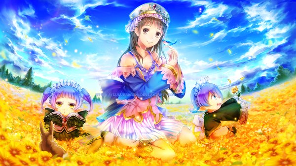 Anime picture 1195x672 with atelier (series) atelier totori gust (company) totooria helmold lulu season long hair short hair open mouth blue eyes smile wide image twintails brown eyes yellow eyes sky purple hair cloud (clouds) profile grey hair :o