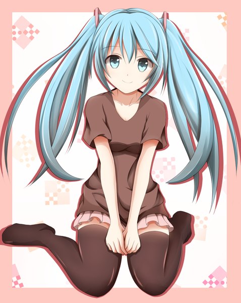 Anime picture 965x1211 with vocaloid hatsune miku kuroganeruto single long hair tall image looking at viewer blue eyes smile twintails blue hair girl thighhighs dress black thighhighs