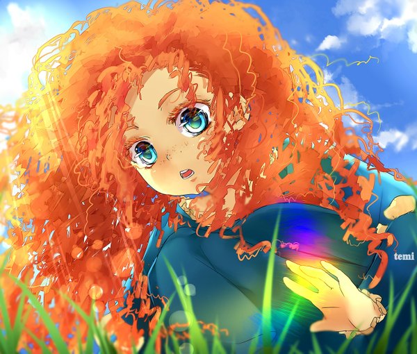 Anime picture 1280x1089 with brave disney merida temiji single open mouth signed sky aqua eyes sunlight orange hair curly hair girl plant (plants) grass