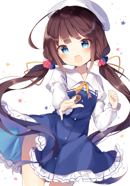 Anime picture 1529x2174 with ryuuou no oshigoto! hinatsuru ai shiino sera (gelatin) single long hair tall image looking at viewer blush open mouth blue eyes brown hair white background twintails ahoge low twintails outstretched arm girl beret shougi