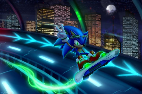 Anime picture 1500x997 with sonic (series) sonic the hedgehog looking at viewer green eyes night glowing victory goggles on head gloves shoes white gloves moon skyscraper furry