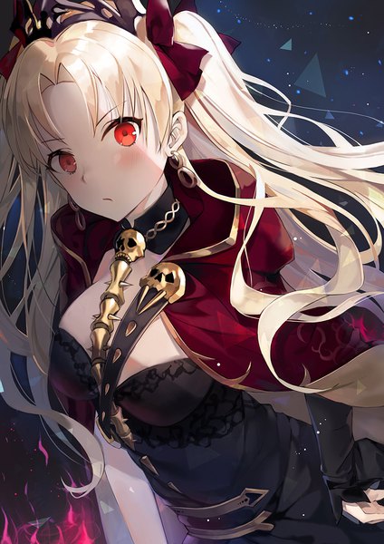 Anime picture 800x1132 with fate (series) fate/grand order toosaka rin ereshkigal (fate) emyo single long hair tall image looking at viewer blush blonde hair red eyes cleavage two side up shaded face girl bow hair bow earrings cape