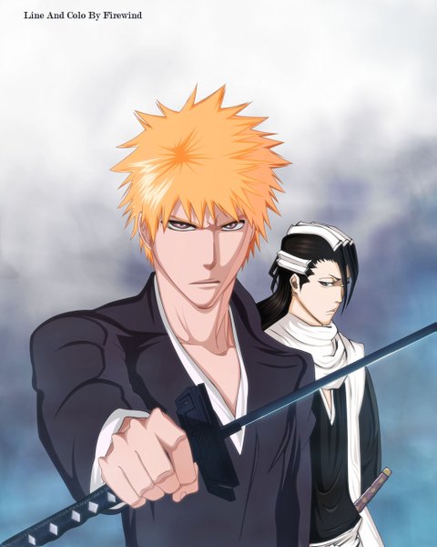 Anime picture 1039x1300 with bleach studio pierrot kurosaki ichigo kuchiki byakuya firewind long hair tall image short hair black hair simple background brown eyes signed japanese clothes orange hair grey eyes coloring boy weapon sword kimono