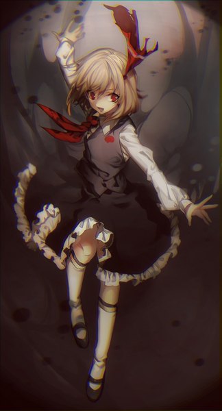 Anime picture 1200x2217 with touhou rumia no-kan single tall image fringe short hair blonde hair red eyes looking away full body bent knee (knees) spread arms anaglyph girl dress ribbon (ribbons) hair ribbon socks white socks