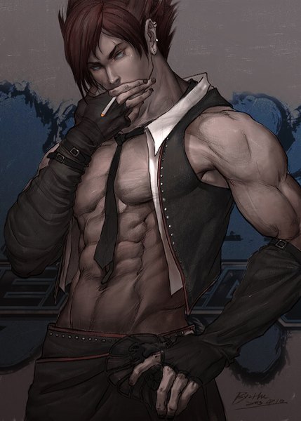 Anime picture 900x1259 with tekken namco (studio) lars alexandersson ultramarine single tall image short hair blue eyes brown hair signed hand on hip scar muscle smoking boy gloves navel earrings necktie elbow gloves