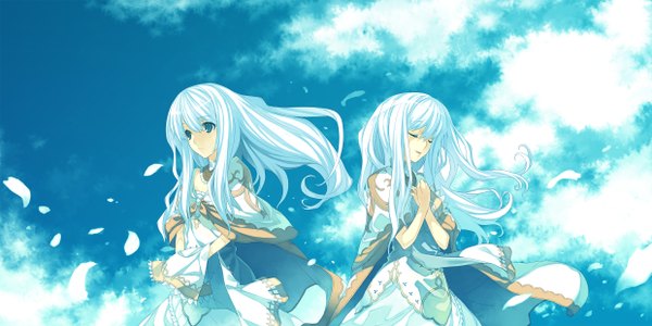 Anime picture 2480x1240 with original shiranagi masa long hair highres blue eyes wide image standing multiple girls blue hair sky cloud (clouds) white hair eyes closed aqua eyes light smile wind couple crossed arms twins girl