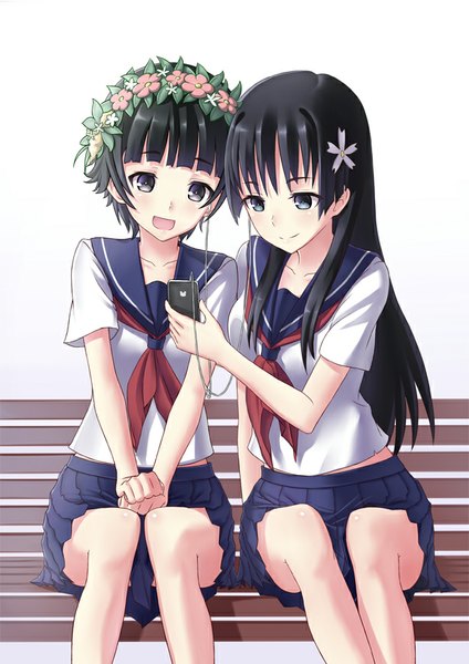 Anime picture 614x868 with to aru kagaku no railgun j.c. staff saten ruiko uiharu kazari fame peera long hair tall image blush fringe short hair open mouth black hair simple background smile sitting multiple girls hair flower black eyes gradient background looking down