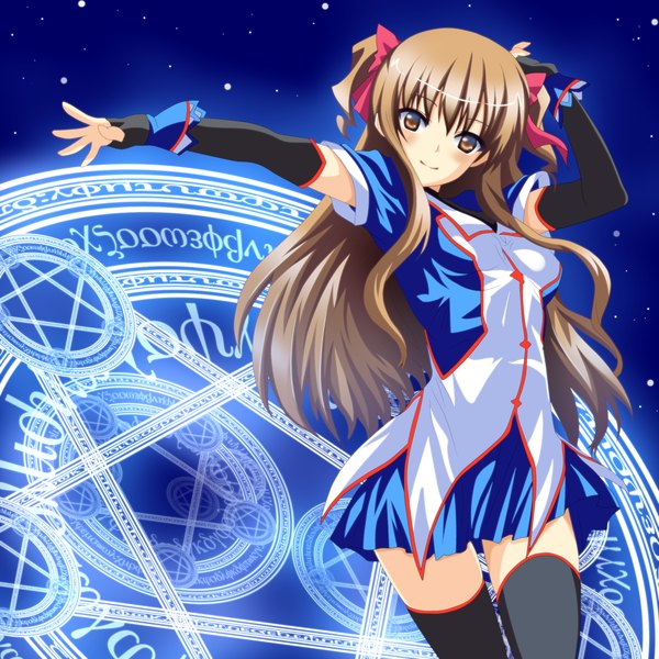 Anime picture 1400x1400 with brown hair twintails brown eyes magic girl thighhighs detached sleeves