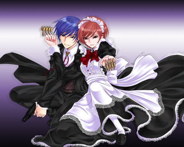 Anime picture 1280x1024 with vocaloid kaito (vocaloid) meiko maid girl