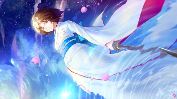 Anime picture 2456x1378 with kara no kyoukai type-moon ryougi shiki mahousho single highres short hair brown hair wide image brown eyes traditional clothes japanese clothes looking down reflection ripples girl weapon petals sword water