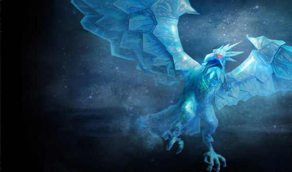 Anime picture 1215x717 with league of legends anivia (league of legends) single red eyes wide image night sky animal bird (birds) star (stars) claws ice
