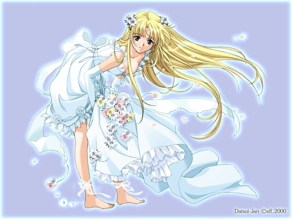 Anime picture 1600x1200 with words worth sharon (words worth) rin sin single long hair blush highres breasts blue eyes blonde hair barefoot dress flower (flowers) bow ribbon (ribbons) wedding dress wreath