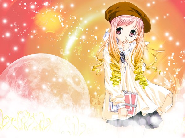 Anime picture 1600x1200 with sister princess zexcs aria (sister princess) single long hair looking at viewer blonde hair pink hair long sleeves pleated skirt pink eyes arm up finger to mouth gradient hair thinking girl dress skirt star (stars) beret