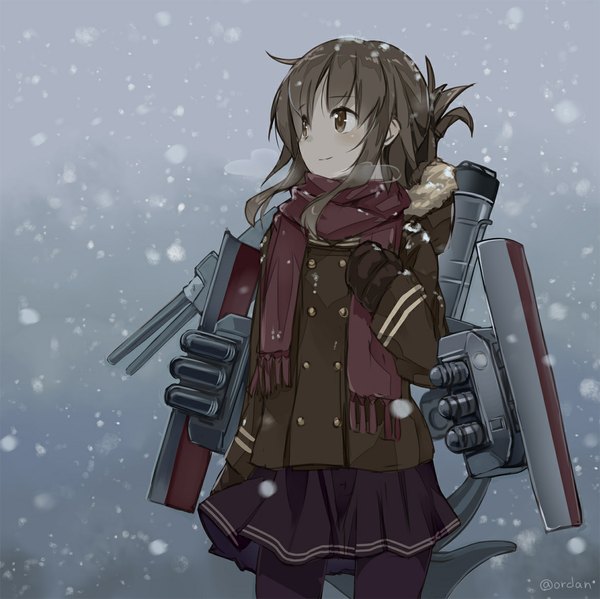 Anime picture 1170x1169 with kantai collection inazuma destroyer orda single short hair smile brown hair standing brown eyes signed looking away ahoge long sleeves snowing winter snow exhalation girl thighhighs skirt
