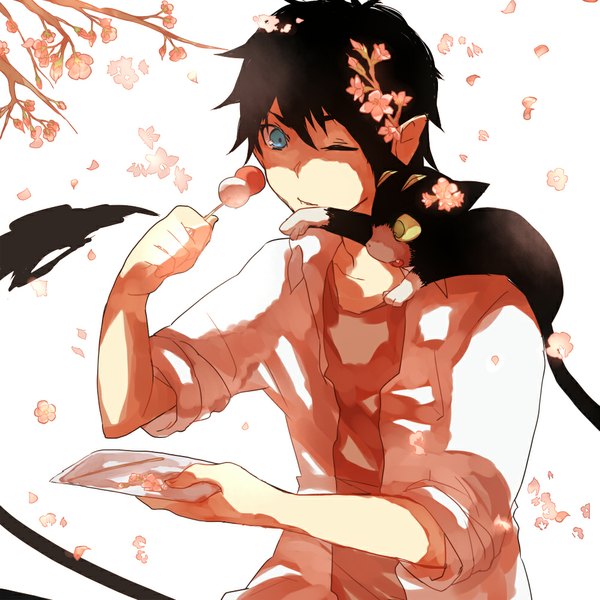 Anime picture 1000x1000 with ao no exorcist a-1 pictures okumura rin kuro (ao no exorcist) single short hair blue eyes black hair simple background tail one eye closed pointy ears wink teeth fang (fangs) cherry blossoms twisty sleeves demon animal on shoulder boy