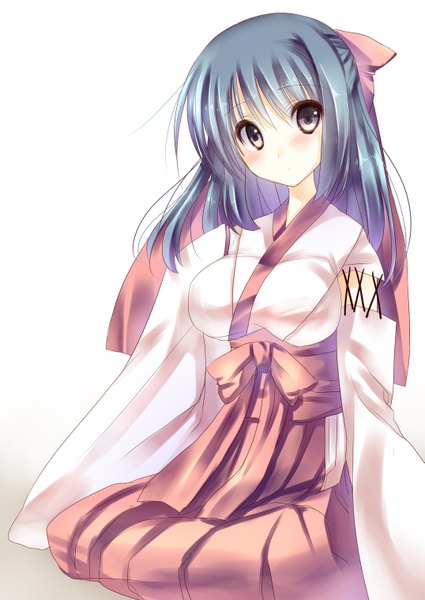 Anime picture 2149x3035 with original amane ruri single long hair tall image looking at viewer blush highres simple background white background sitting brown eyes blue hair miko girl bow hair bow detached sleeves