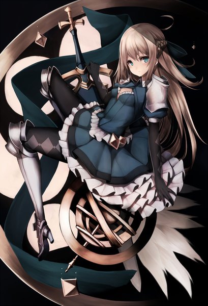Anime picture 900x1321 with original snm (sunimi) single long hair tall image looking at viewer fringe blue eyes blonde hair full body ahoge shadow girl dress gloves weapon pantyhose sword black gloves elbow gloves