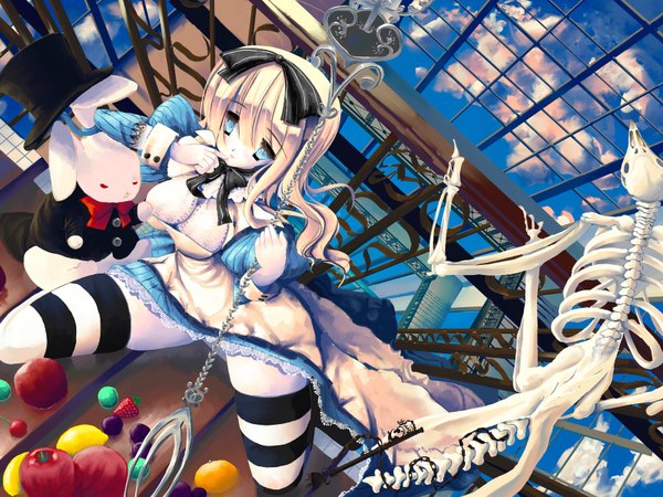 Anime picture 1600x1200 with alice in wonderland alice (wonderland) white rabbit blonde hair sky skeleton thighhighs dress bow hair bow hat animal striped thighhighs fruit stairs bunny quea;re