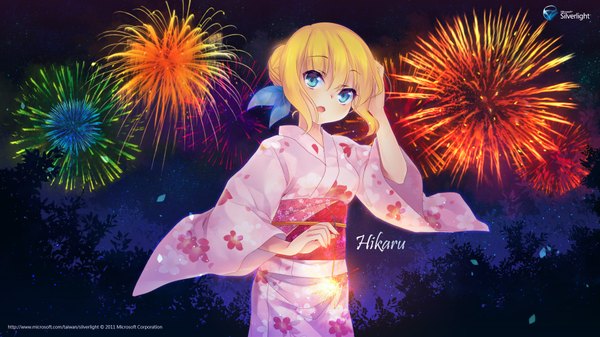 Anime picture 1920x1080 with microsoft aizawa hikaru single highres open mouth blue eyes blonde hair wide image japanese clothes fireworks girl belt kimono