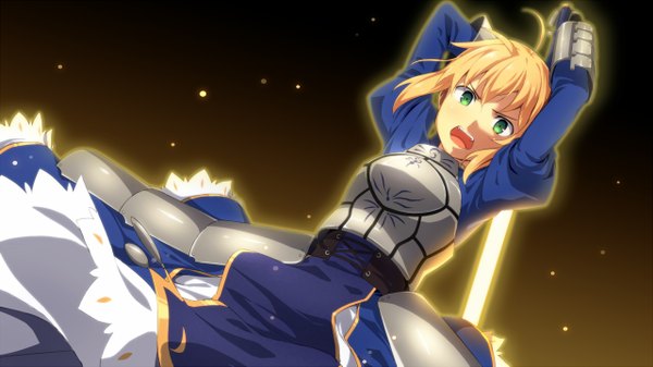 Anime picture 1280x719 with fate (series) fate/stay night type-moon artoria pendragon (all) saber kinta (distortion) single short hair open mouth blonde hair wide image green eyes ahoge black background screaming girl weapon sword armor armored dress