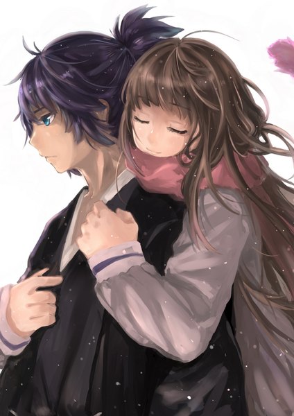 Anime picture 1240x1754 with noragami studio bones yato (noragami) iki hiyori fukai long hair tall image fringe short hair brown hair white background looking away purple hair ponytail eyes closed traditional clothes japanese clothes aqua eyes light smile couple