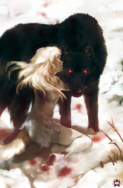 Anime picture 803x1227 with original e-x-p-i-e long hair tall image blonde hair sitting animal ears tail animal tail pink eyes barefoot torn clothes winter soles snow grey skin girl dress animal blood