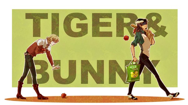 Anime picture 2127x1191 with tiger & bunny sunrise (studio) kaburagi t. kotetsu barnaby brooks jr. highres short hair blonde hair smile brown hair wide image eyes closed inscription twisty sleeves boy glasses jacket boots flat cap apple paper bag