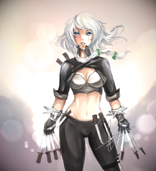 Anime picture 1280x1408 with touhou league of legends izayoi sakuya katarina (league of legends) hannah515 single long hair tall image looking at viewer highres breasts open mouth blue eyes standing signed cleavage braid (braids) twin braids scar cosplay