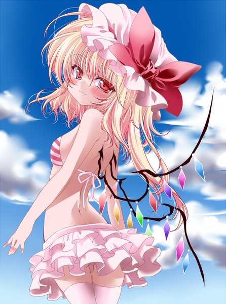 Anime picture 1091x1468 with touhou flandre scarlet seidou (tukinomiyako) single tall image blush short hair light erotic blonde hair red eyes cloud (clouds) loli back girl thighhighs bow white thighhighs wings bonnet crystal