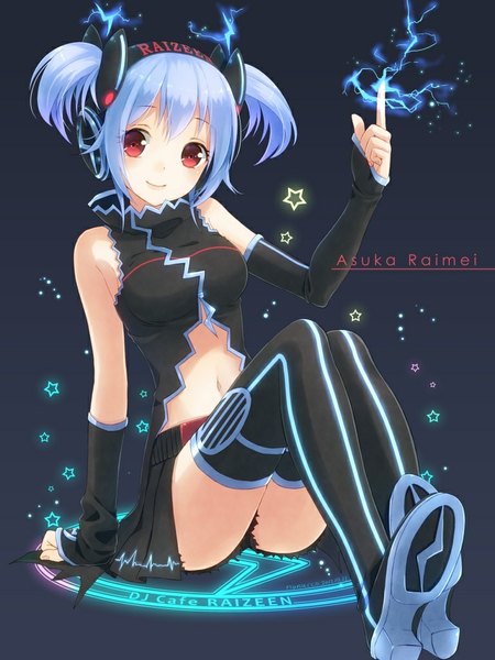 Anime picture 768x1024 with original nunucco single tall image blush short hair light erotic smile red eyes twintails blue hair inscription torn clothes magic black background electricity girl thighhighs skirt navel