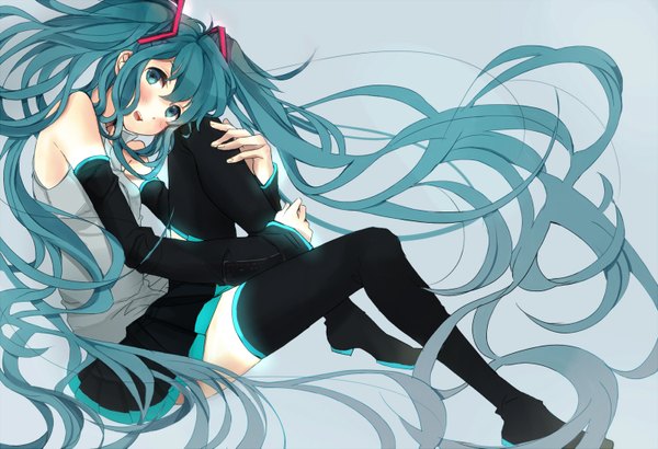 Anime picture 1500x1025 with vocaloid hatsune miku fly (marguerite) blush twintails bare shoulders very long hair aqua eyes aqua hair girl skirt detached sleeves miniskirt necktie thigh boots