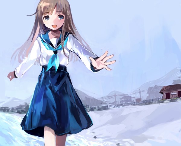 Anime picture 1100x891 with original tan (tangent) single long hair looking at viewer fringe open mouth blue eyes blonde hair sky blunt bangs pleated skirt sunlight spread arms winter blue background snow mountain walking girl