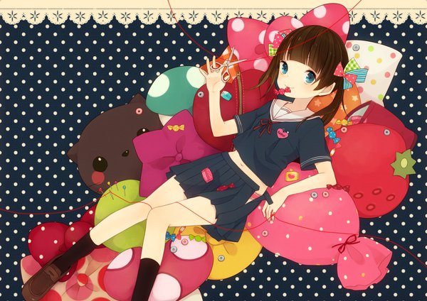 Anime picture 1000x707 with original mituame single long hair looking at viewer fringe blue eyes smile brown hair twintails holding open clothes mouth hold polka dot polka dot background open skirt girl uniform bow hair bow