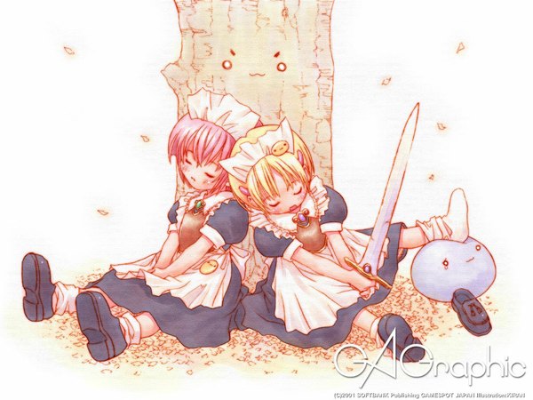 Anime picture 1024x768 with gagraphic kiran open mouth blonde hair sitting multiple girls signed full body red hair eyes closed maid copyright name sleeping against tree girl dress uniform weapon 2 girls plant (plants)