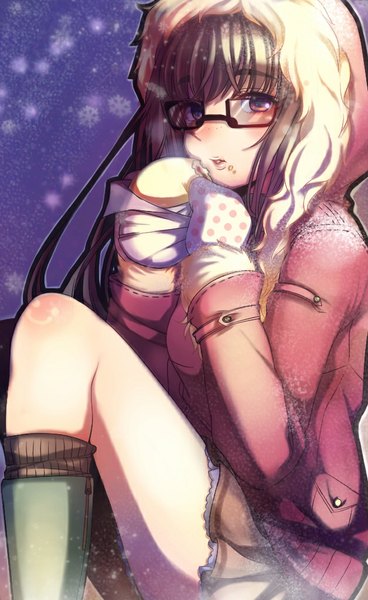 Anime picture 628x1024 with original ro (igris-geo) single long hair tall image looking at viewer blush light erotic brown hair purple eyes pantyshot snowing winter pantyshot sitting eating polka dot steam girl underwear panties