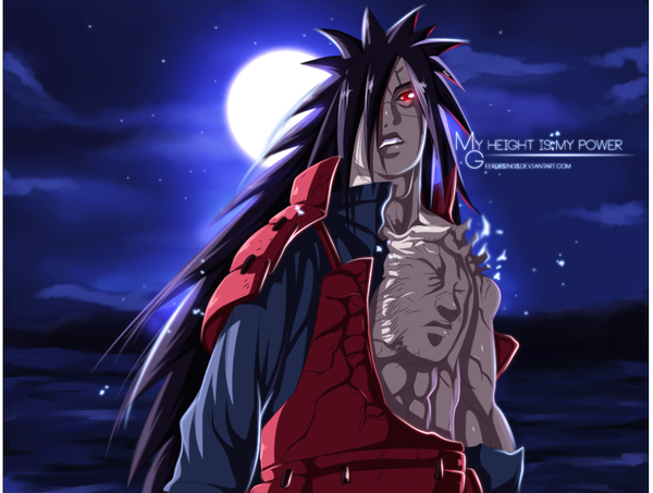 Anime picture 1006x760 with naruto studio pierrot naruto (series) uchiha madara igeerr single long hair fringe black hair red eyes cloud (clouds) hair over one eye inscription night sky coloring torn clothes magic light sharingan boy