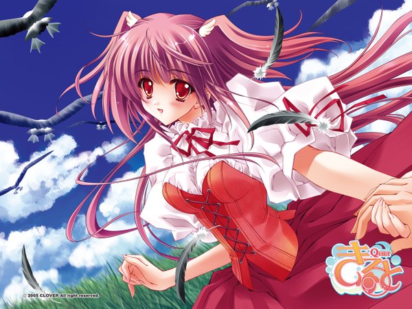 Anime picture 1280x960 with quilt (game) airi (quilt) carnelian long hair looking at viewer blush holding sky cloud (clouds) holding hands happy plant (plants) animal bird (birds) feather (feathers) grass corset