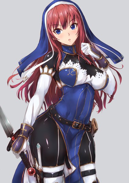 Anime picture 1771x2508 with original modern combat sister (tori@gununu) tori@gununu single long hair tall image looking at viewer blush fringe highres breasts open mouth blue eyes light erotic simple background hair between eyes large breasts standing red hair parted lips