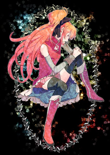 Anime picture 708x1000 with mahou shoujo madoka magica shaft (studio) sakura kyouko momoko (momopoco) single long hair tall image looking at viewer red eyes sitting holding bent knee (knees) ponytail profile orange hair off shoulder mouth hold dark background cleavage cutout leg lift (legs lift)