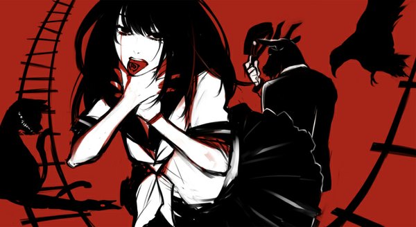 Anime picture 800x436 with vocaloid lynne (vocaloid) ooyama (hnk1018) long hair looking at viewer fringe simple background smile wide image pleated skirt horn (horns) short sleeves leaning leaning forward facial mark monochrome red background abstract choking girl