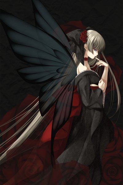 Anime picture 600x900 with original ayase hazuki single long hair tall image looking at viewer blue eyes brown hair bare shoulders insect wings butterfly wings girl dress wings choker black dress