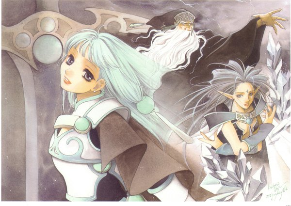 Anime picture 2142x1518 with kohime ohse long hair looking at viewer highres multiple girls signed pointy ears grey hair scan aqua hair grey eyes girl boy 2 girls detached sleeves earrings armor cap crystal beard