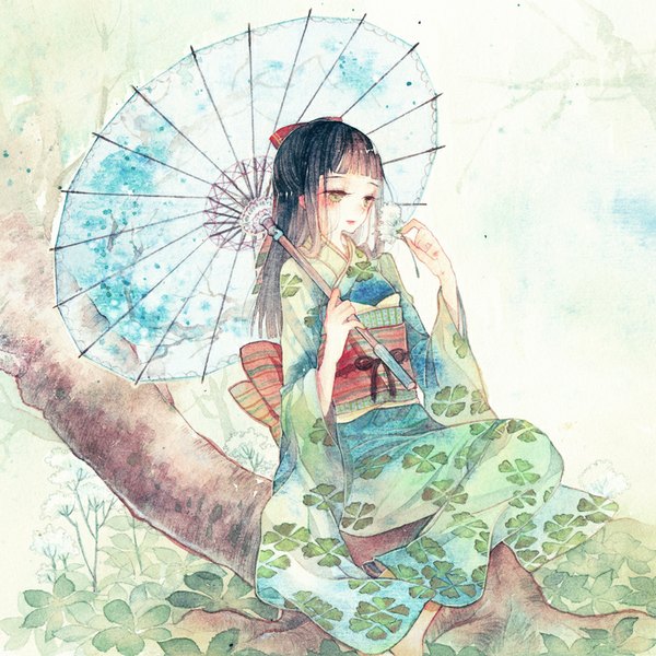 Anime picture 800x800 with original rei (pixiv4656825) single long hair blush fringe black hair sitting green eyes looking away traditional clothes japanese clothes traditional media watercolor (medium) girl flower (flowers) bow plant (plants) hair bow tree (trees)