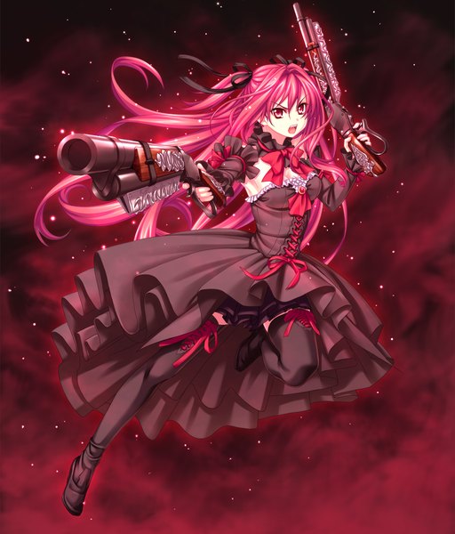 Anime picture 1024x1200 with sousouki reginald corticarte reichstein single long hair tall image open mouth red eyes game cg red hair girl thighhighs dress ribbon (ribbons) weapon black thighhighs hair ribbon frills gun