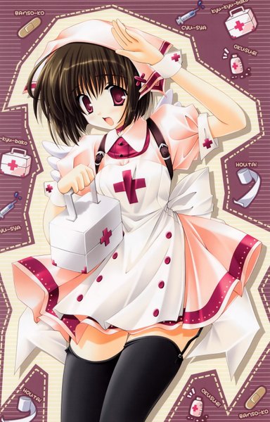 Anime picture 1982x3096 with ikegami akane tall image highres short hair open mouth black hair red eyes nurse salute girl thighhighs black thighhighs